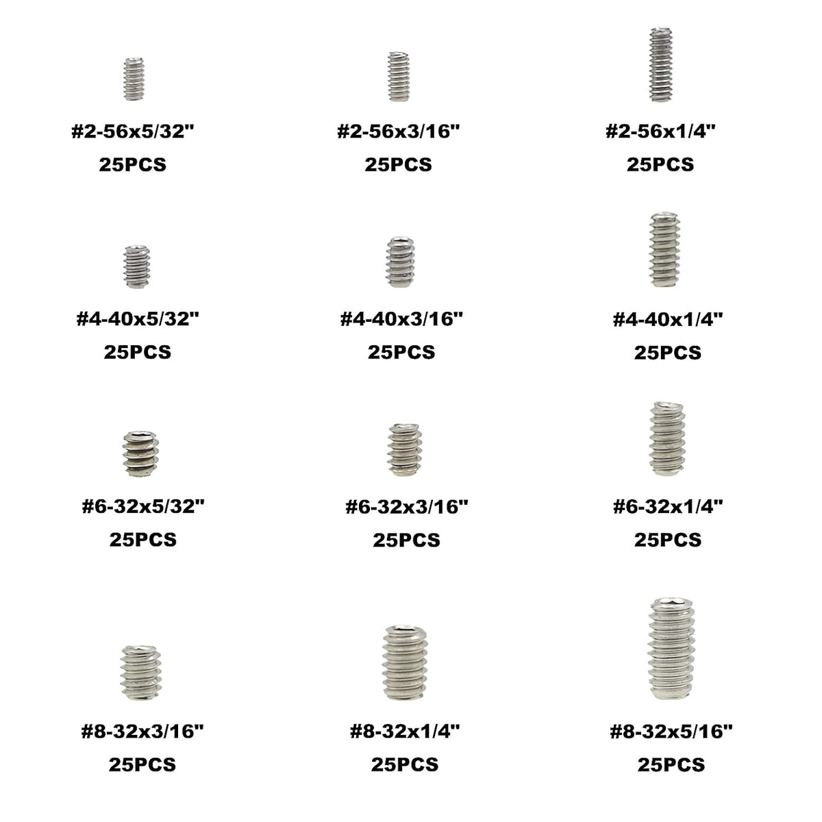 300PCS #2-56#4-40#6-32#8-32 UNC 304 SS Cup Point Set Screws Kit