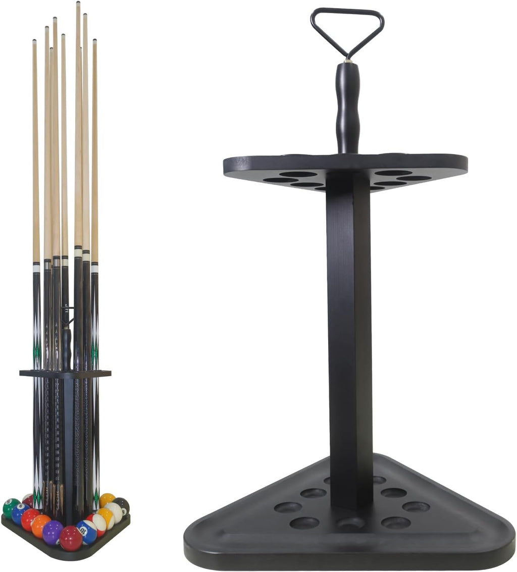 Pool Cue Rack Floor Stand | Wood Billiard Stick Holder & Game Room Organizer | Holds 9 Cues, Full Ball Set &
