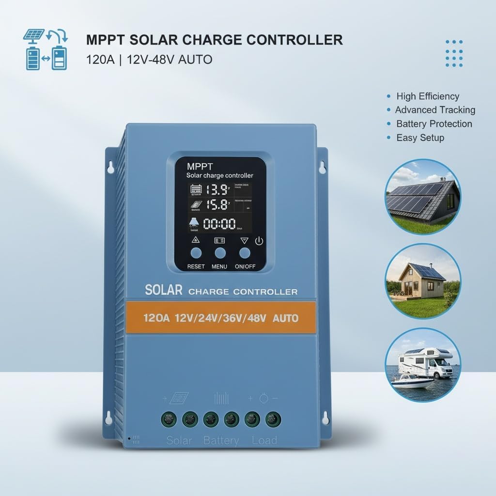 Solar Charge Controller 120A 12V 24V 36V 48V Intelligent Recognition LCD Display Battery Intelligent Regulator