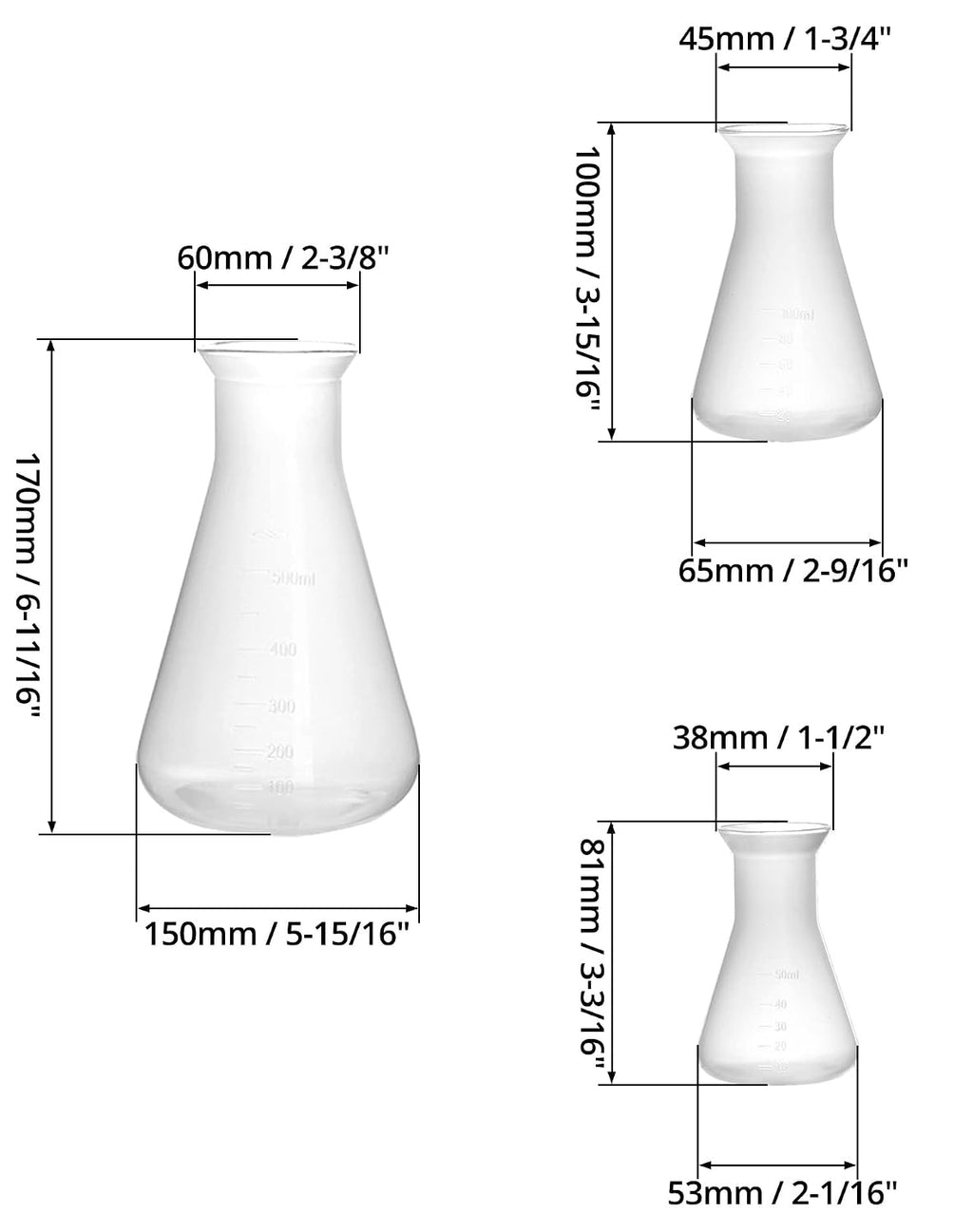 Plastic Conical Flask Set 50ml 100ml 500ml – Semi-Transparent Lab Flask for Teaching, Demonstration & Display