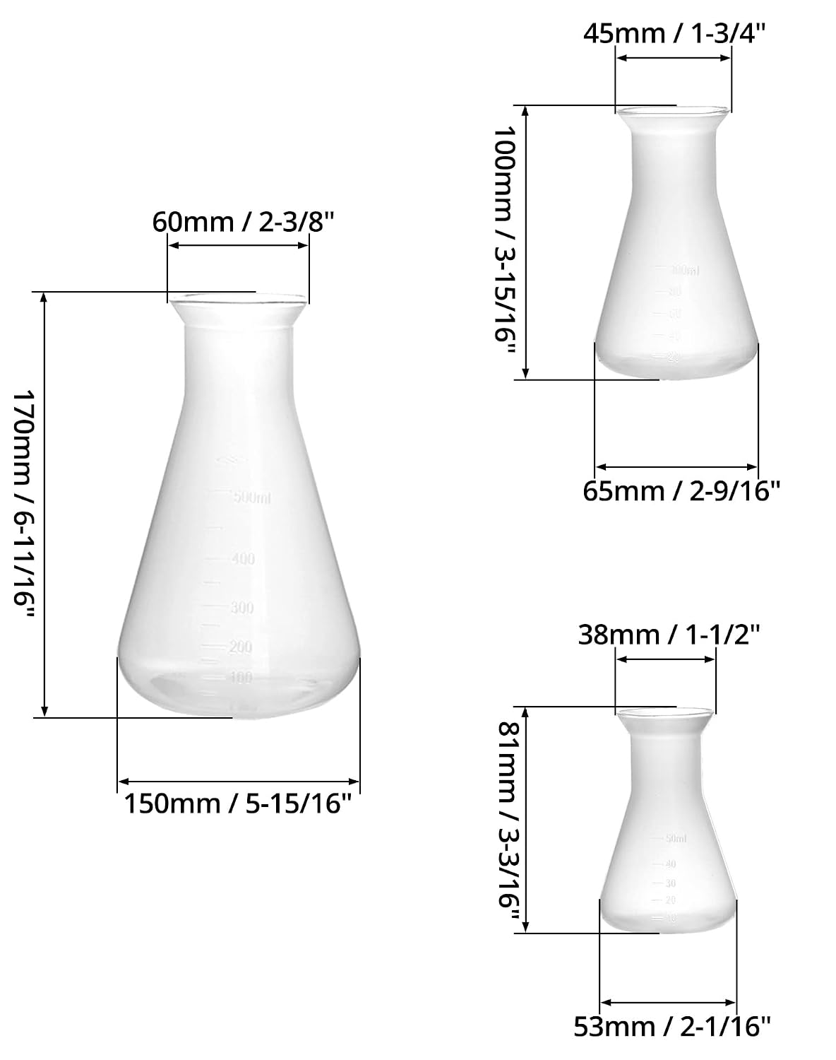 Plastic Conical Flask Set 50ml 100ml 500ml – Semi-Transparent Lab Flask for Teaching, Demonstration & Display
