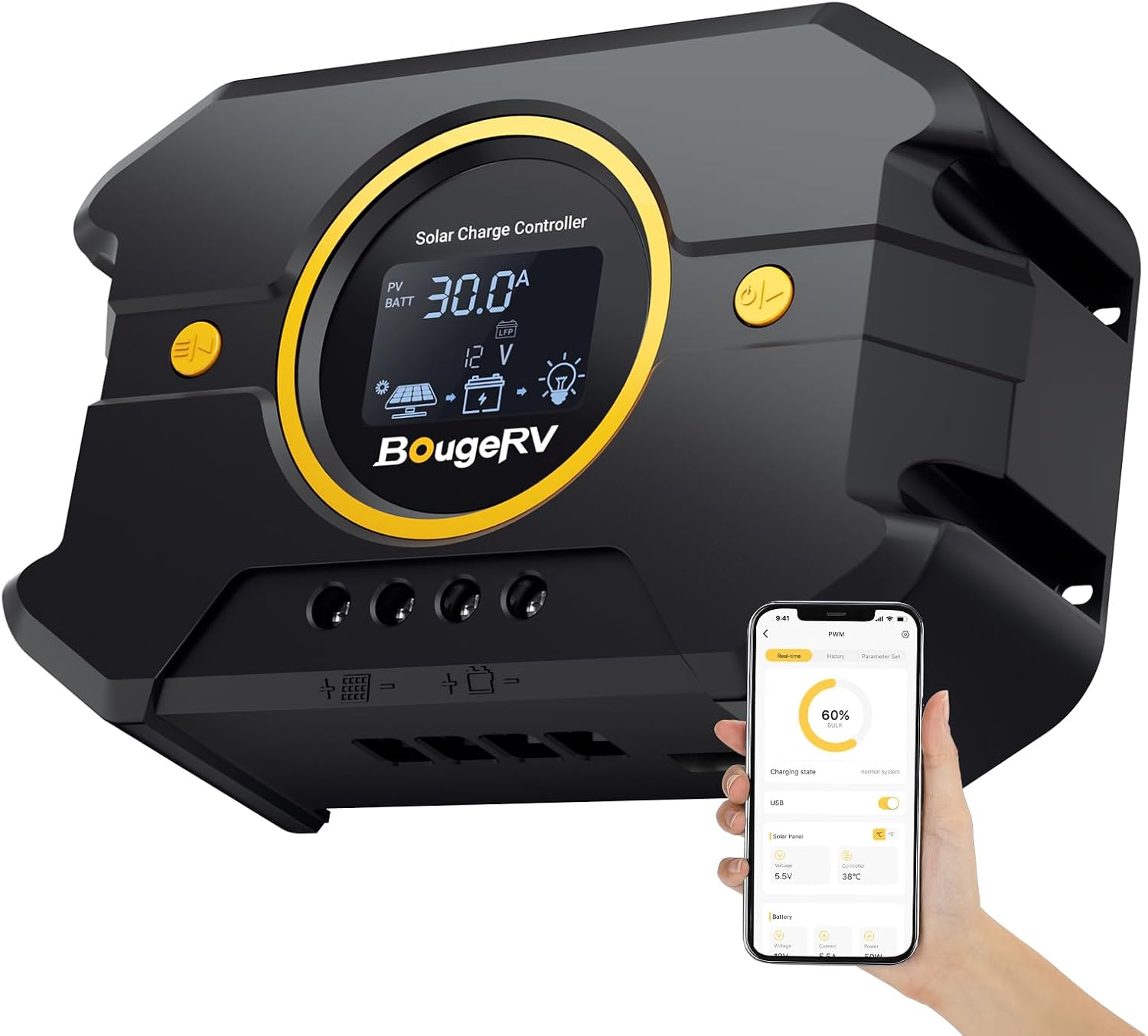 Li 30A PWM Solar Charge Controller 12V 24V, with Backlit Display, USB Port, Negative Ground Battery Intelligent