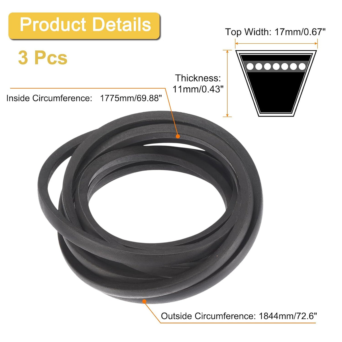 uxcell 3pcs B70 Classic Wrapped V-Belt, 73" Outer Circ B Profile V-Belt
