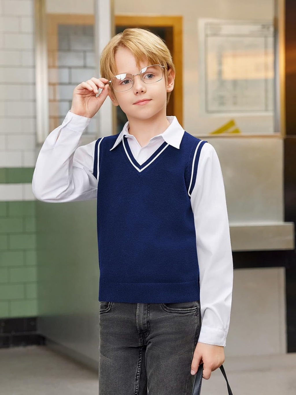 Boys Sweater Vest Kids Uniform Vest Casual V Neck Knit Pullover Sweater 5-14Y