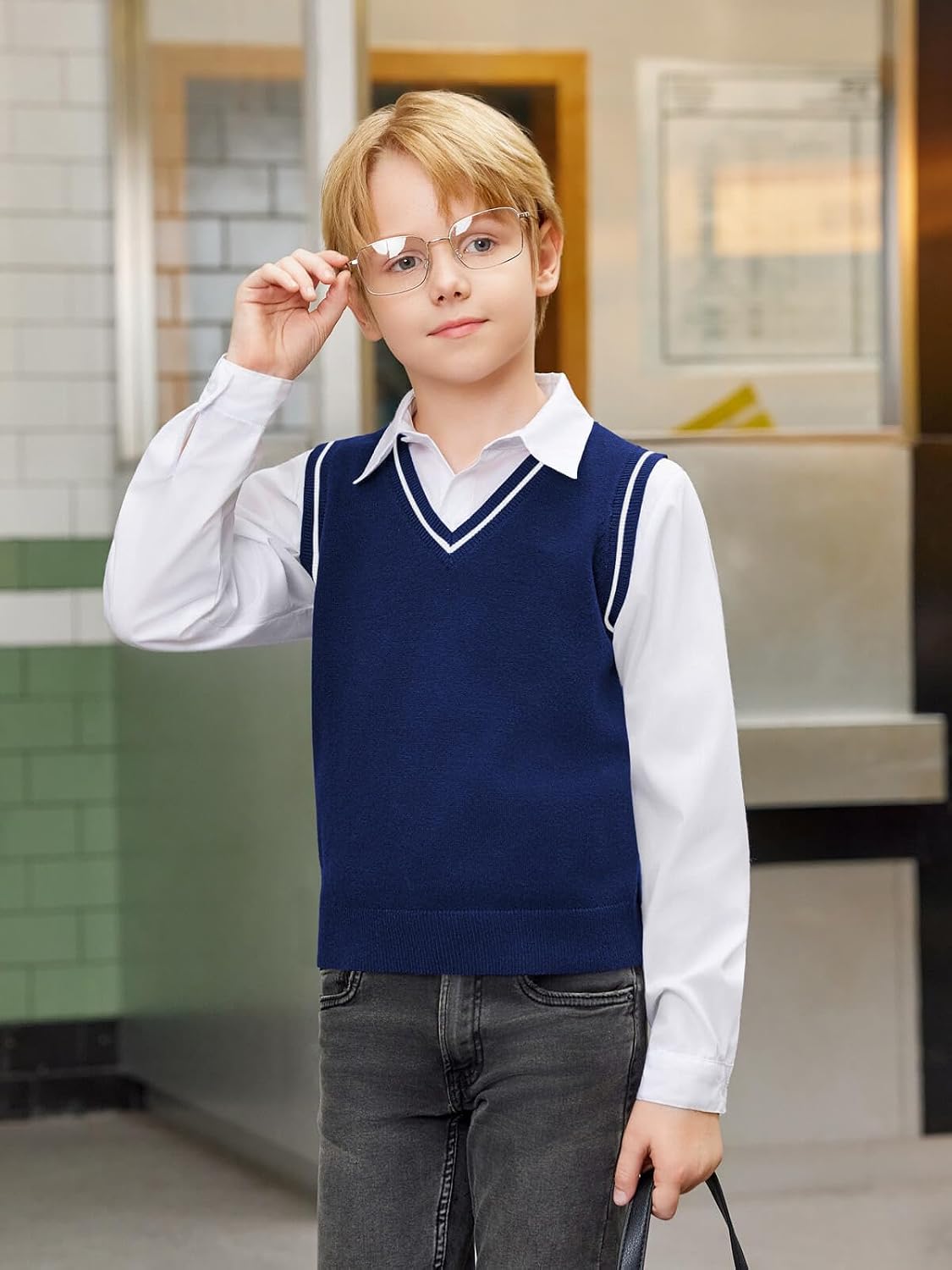 Boys Sweater Vest Kids Uniform Vest Casual V Neck Knit Pullover Sweater 5-14Y