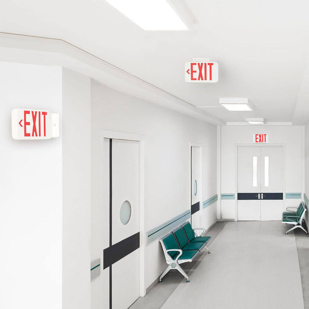 LED Emergency Exit Sign, Double Face, Fire Resistant, UL Certified, Hardwired with Battery Backup, White, 2-Pack