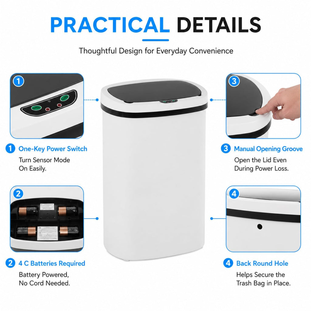 13 Gallon Touchless Trash Can, White, PP Plastic