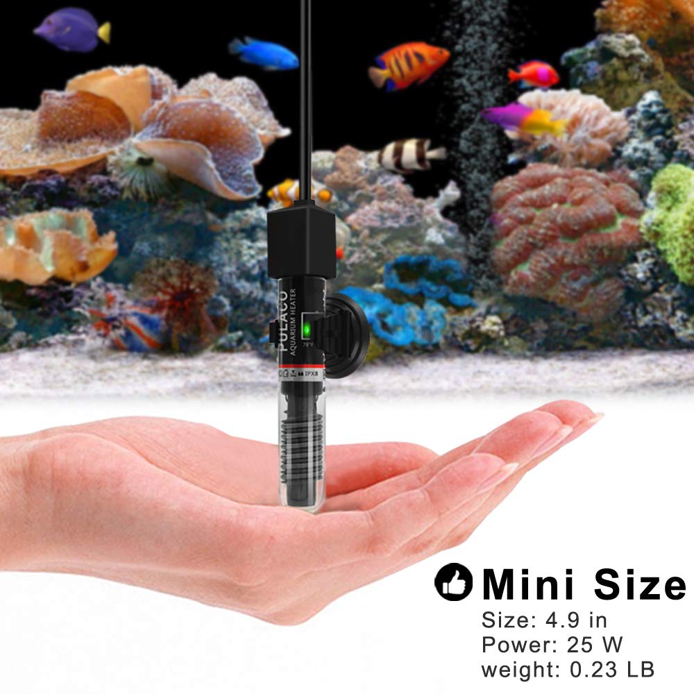 25Watt Mini Aquarium Heater, Submersible Betta Heater | Small Fish Tank Heater with Free Thermometer Strip for 1-6