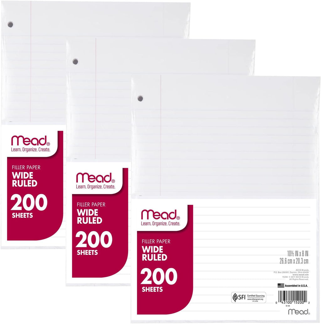 Loose Leaf Paper, 3 Pack, Notebook Paper, Wide Ruled Filler Paper, Standard, 8 x 10.5, 200 Sheets per Pack (73183)