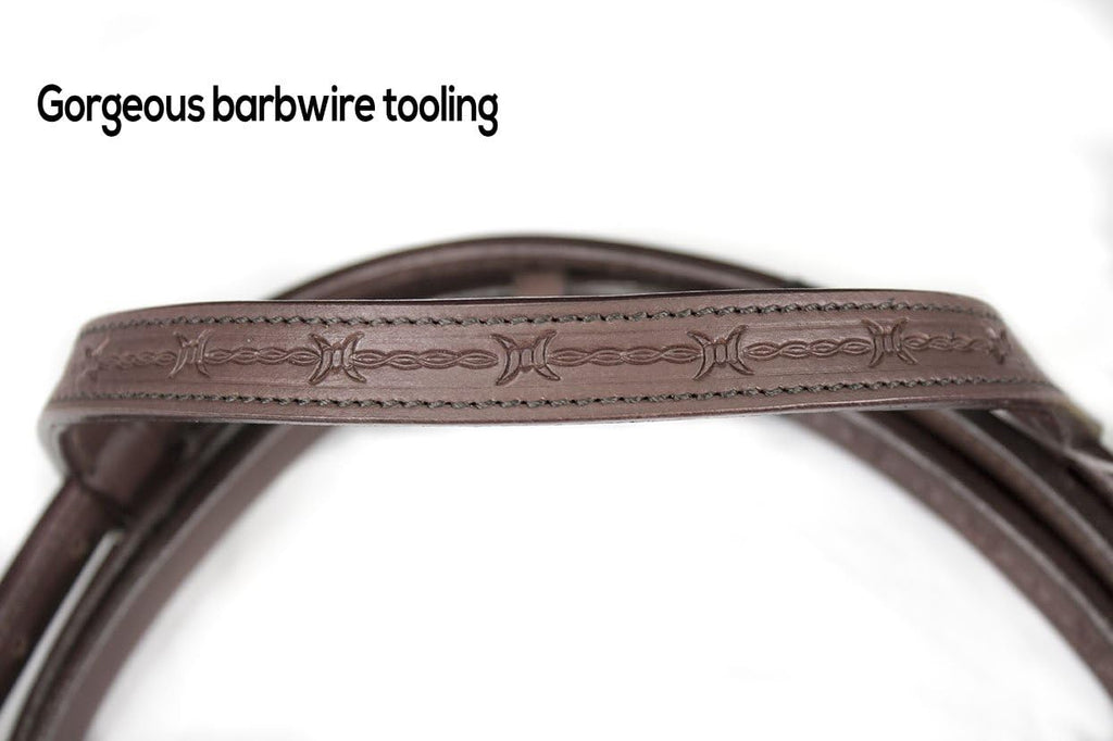 Hand-Tooled Barbwire Leather Western Browband Horse Headstall with Matching Split Reins