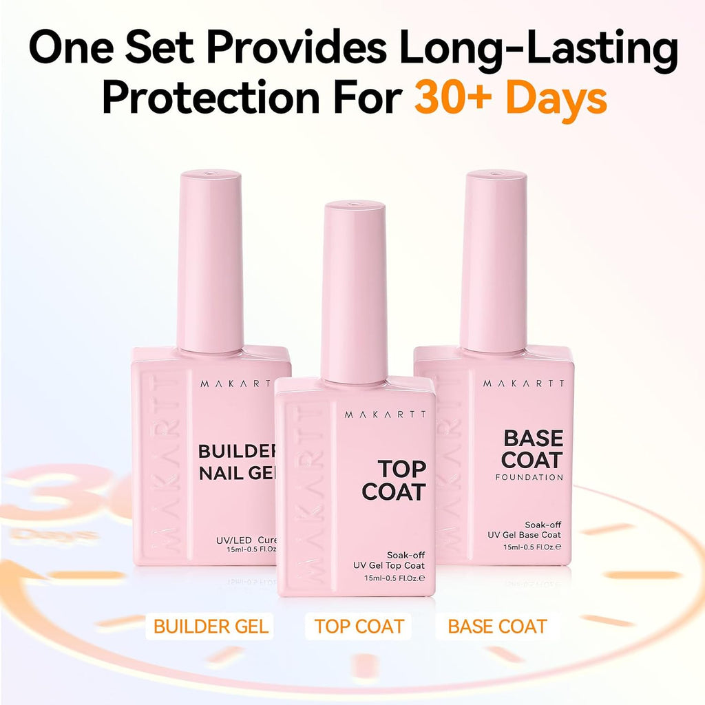 Builder Nail Gel with Top Coat Base Coat Kit 3 PCS 15ml | Long Lasting Diamond-Shine Finish No Wipe Clear Gel Polish