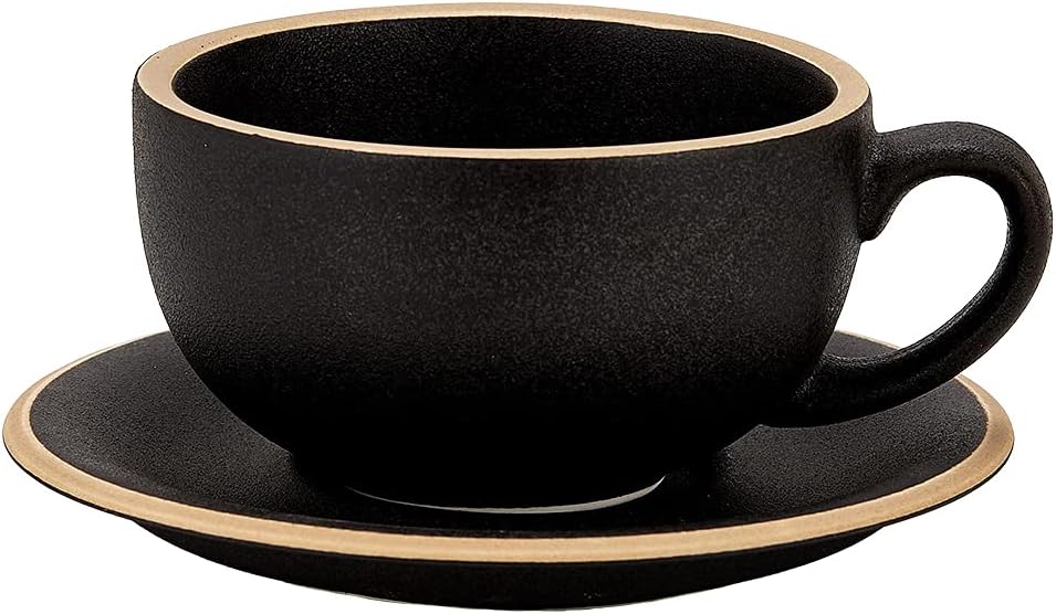 Vintage Design 12 oz Ceramic Latte Art Cappuccino Barista Cup with Saucer (Rough Black)