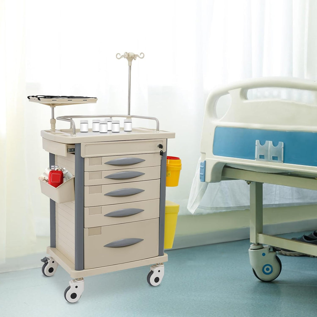 Medical Rolling Crash Cart with Accessories-CPR Board, 2 Trash Bin, Drawers with Dividers, Mobile Medical Cart for
