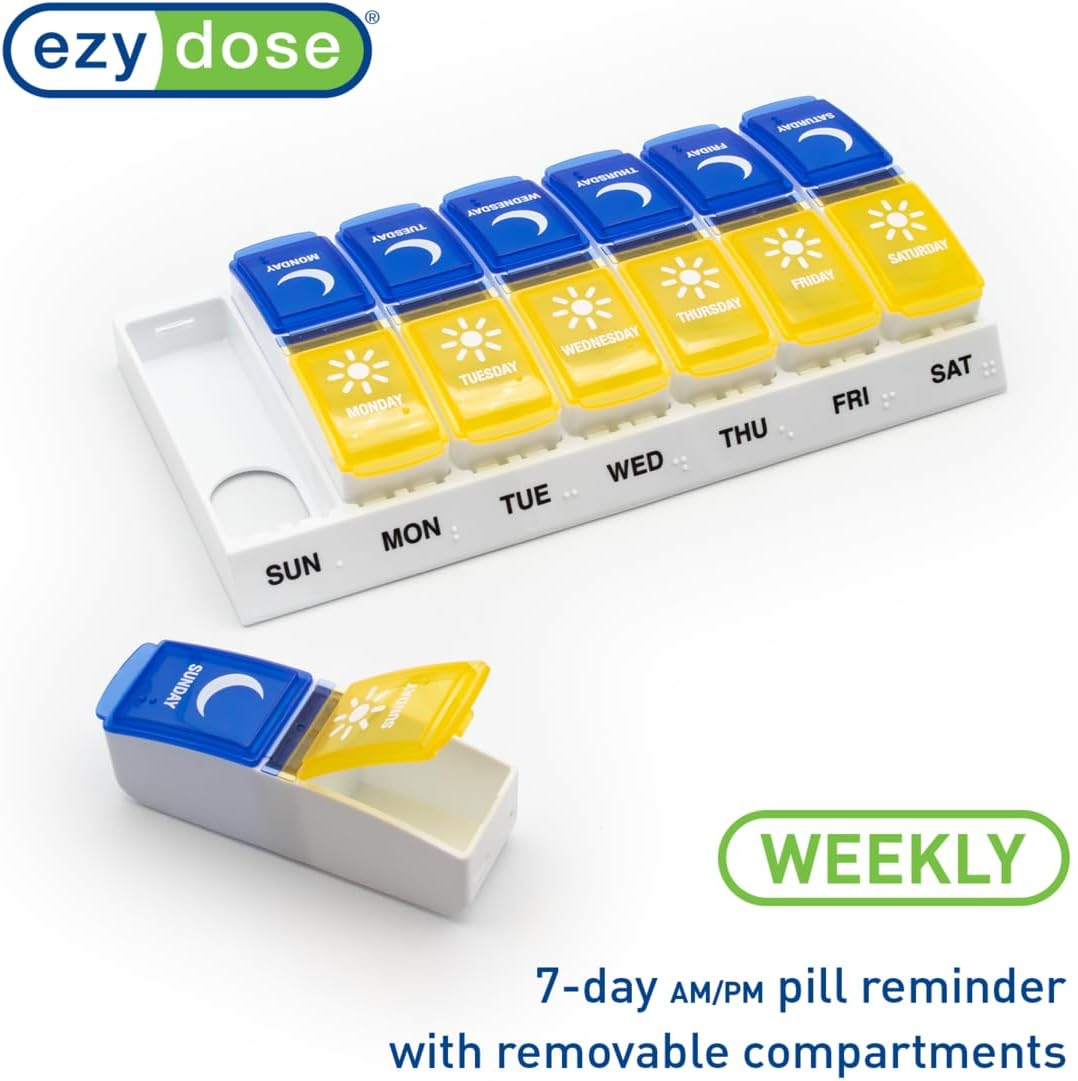 Weekly (7-Day) AM/PM Pill Organizer, Daily Vitamin Container and Medicine Box, Large Pop-Out Compartments, Designed