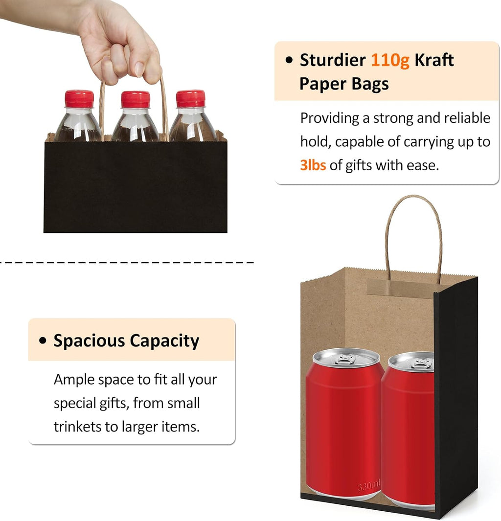 Gift Bags with Handles 5.25x3x8 Inch Small Black 25 Pack