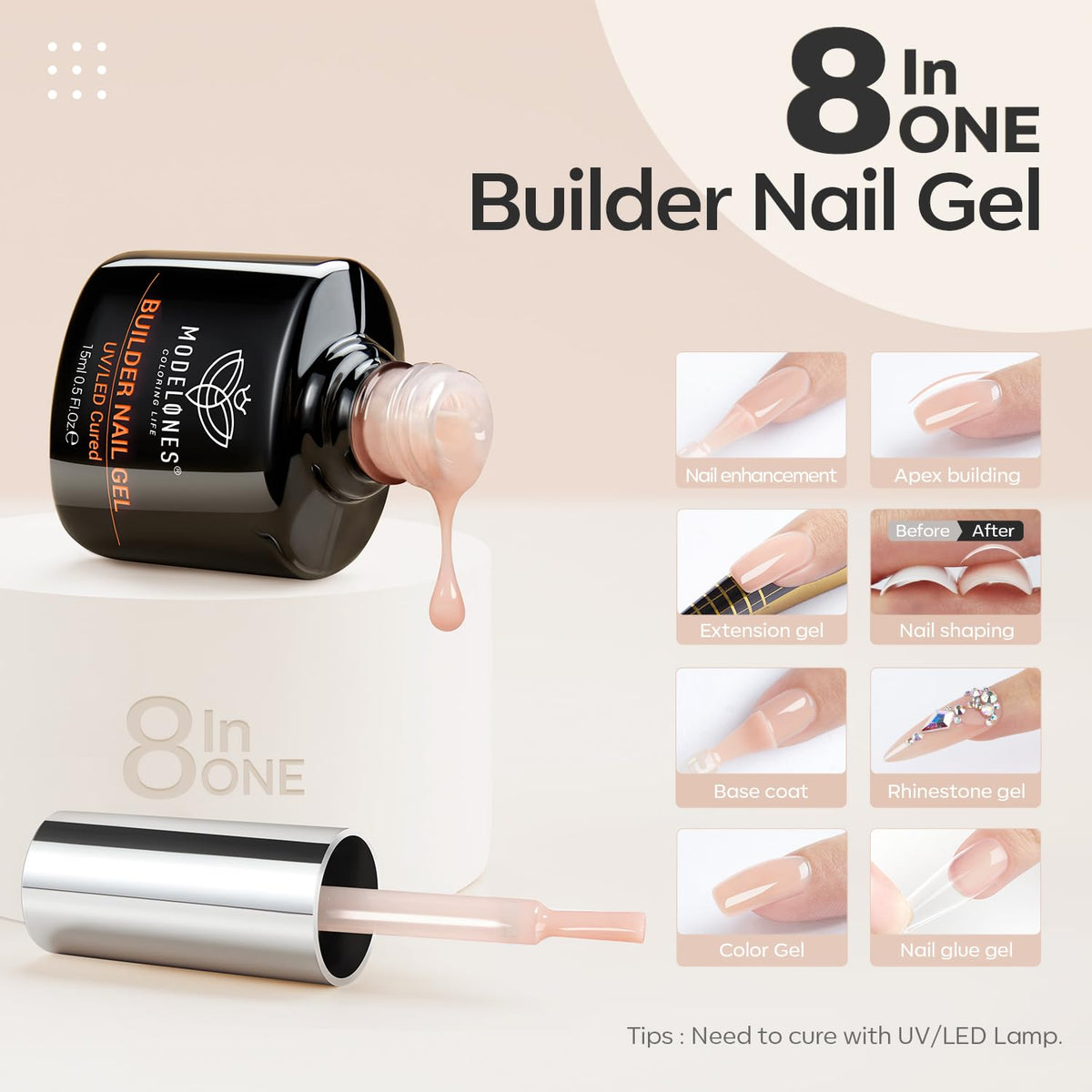 8-in-One Builder Nail Gel, Neutral Nude Builder for Thickening