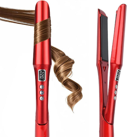 2-in-1 Hair Straightener and Curler, Titanium & Ceramic, Red | Flat Iron for Fine Hair, Rapid Heat-Up, Negative Ions