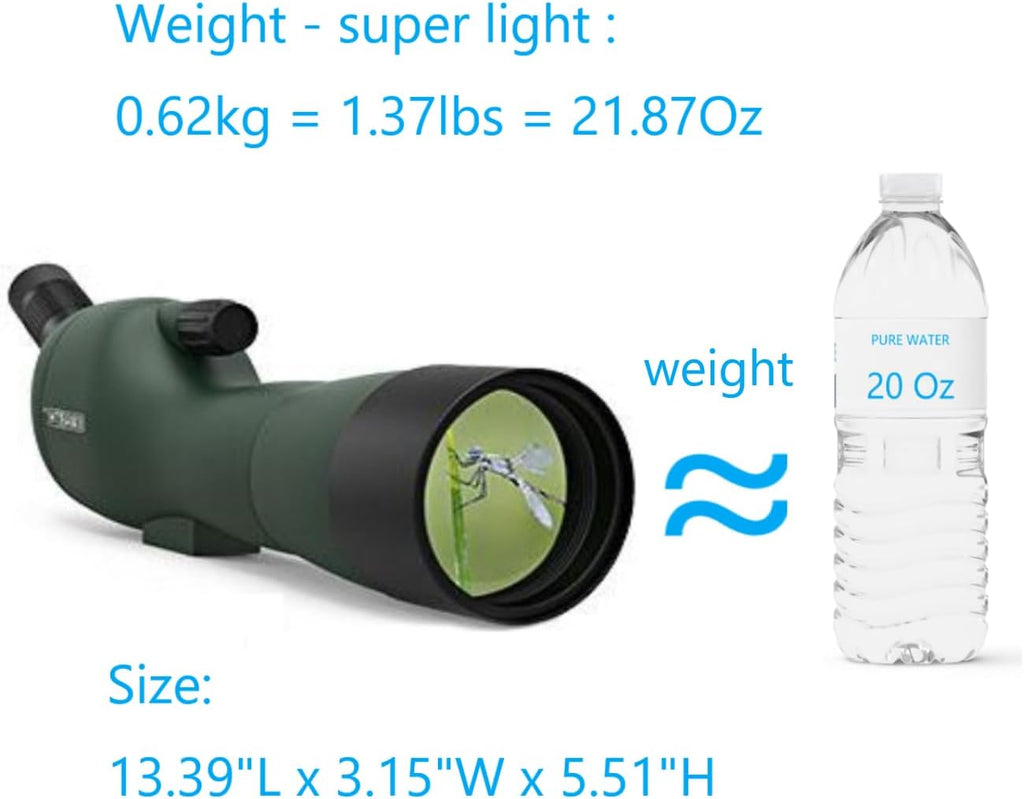 20-60x60 Angled Spotting Scope for Target Shooting, Spotting Scope w/Tripod 14" Tabletop/Carry Bag, 1.37lb Light