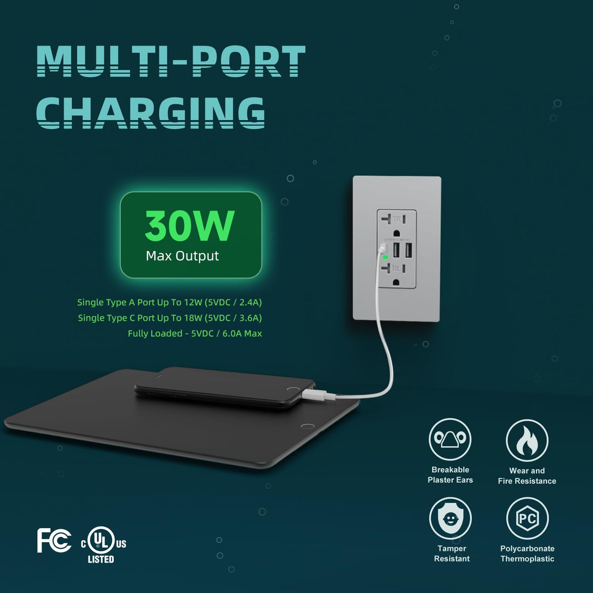 TOPELER USB Receptacle Outlet, 6.0A/30W USB Wall Socket with Type C/A, Grey