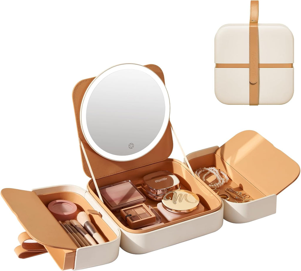 Leather Travel Makeup Bag with Rechargeable LED Mirror, Cream