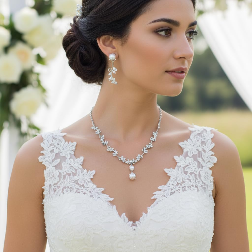 Silver Jewelry Sets for Women Rhinestone Necklace Dangle Earrings Bracelet Set Bridal Wedding Jewelry Sets for Brides
