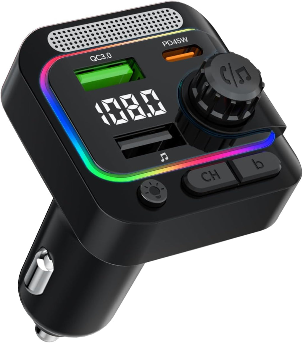 63W FM Transmitter Bluetooth Car Adapter, Wireless FM Bluetooth Transmitter | [PD 45W & QC3.0] Fast Charge, Deep Bass