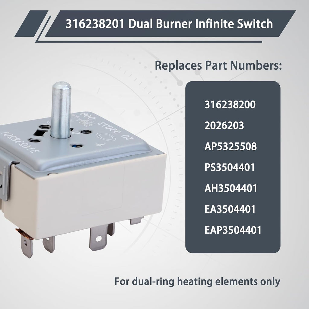316238201 Dual‑Burner Infinite Switch for Frigidaire Cooktop
