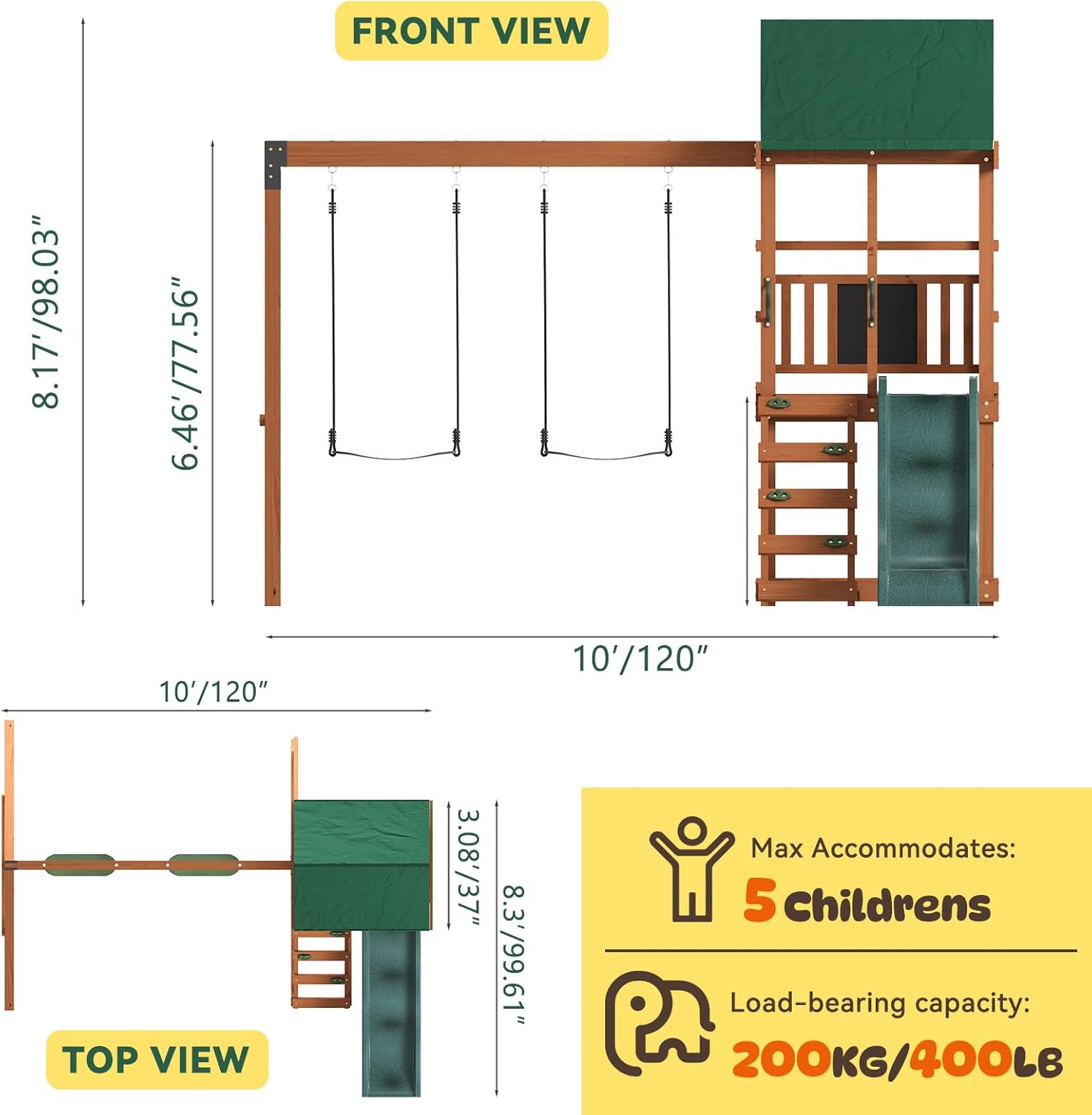 Wooden Swing Sets for Backyard, Outdoor Playset Sets for Backyards, Playground Sets with 6 FT Wave Slide, Play Deck