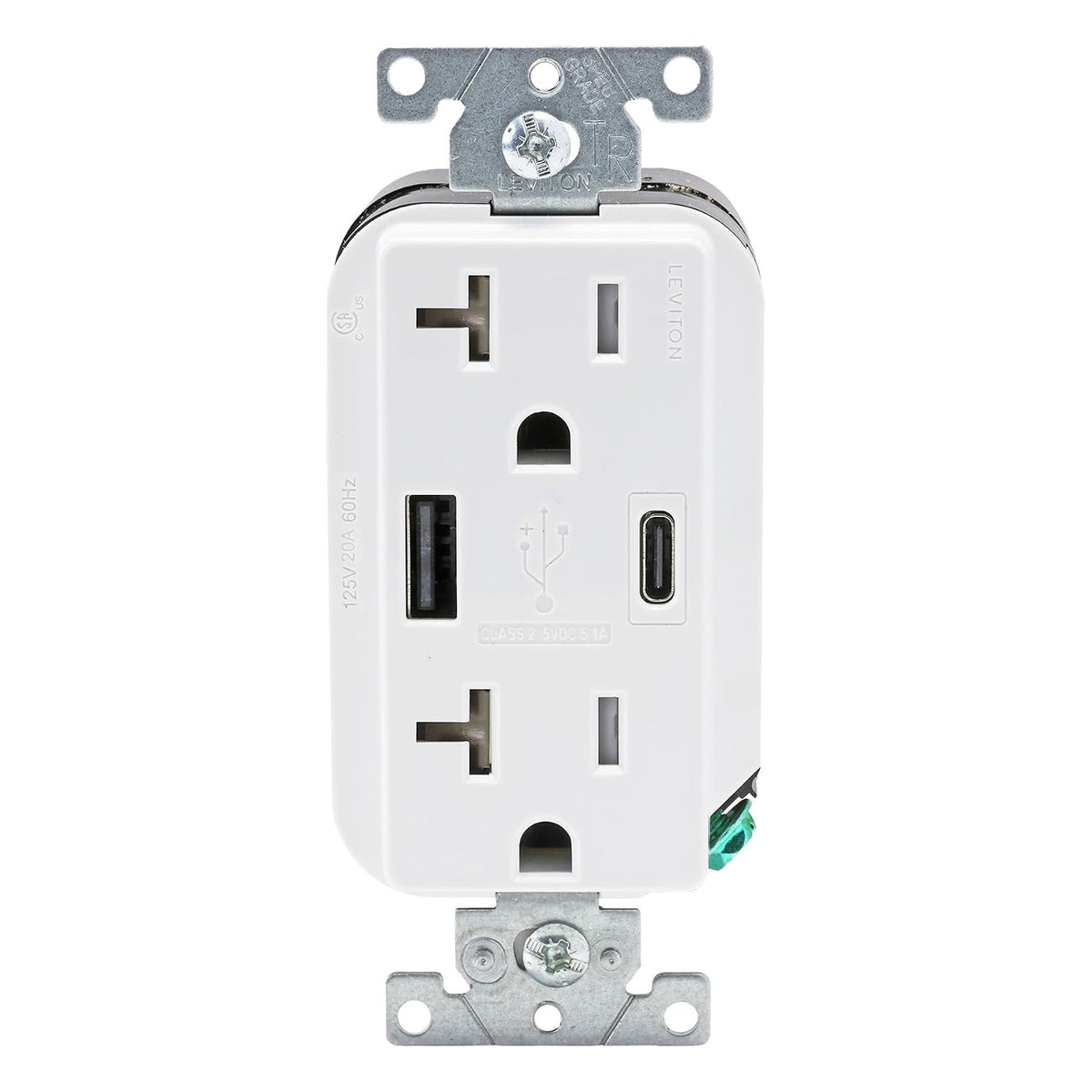 Leviton Decora 27W USB-A/C Wall Outlet, 20A TR Receptacle, AC2X3-W White