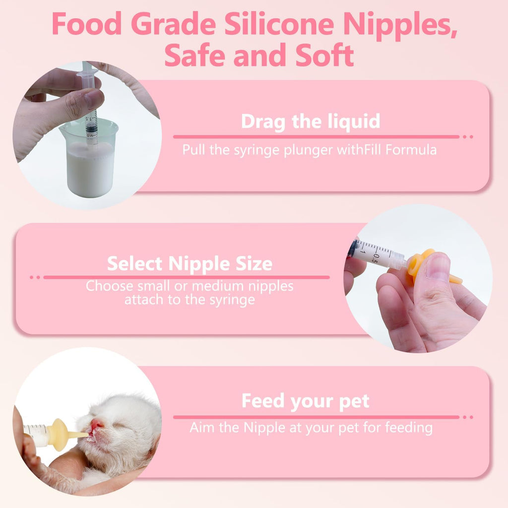 Kitten Bottle Feeding kit with Feeding Nipple and Syringe, Soft Silicone Nursing Pet Feeding Bottle, Ventilation