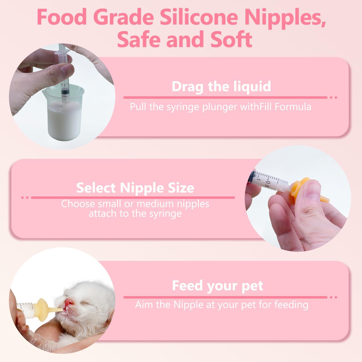 Kitten Bottle Feeding kit with Feeding Nipple and Syringe, Soft Silicone Nursing Pet Feeding Bottle, Ventilation