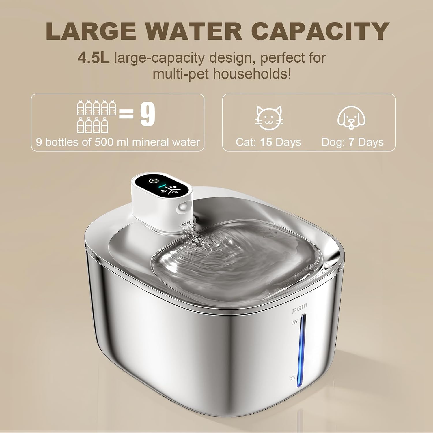 Wireless Cat Water Fountain Stainless Steel,4.2L Cordless Pet Fountains for Dringking,4000mah Battery Operated Cat