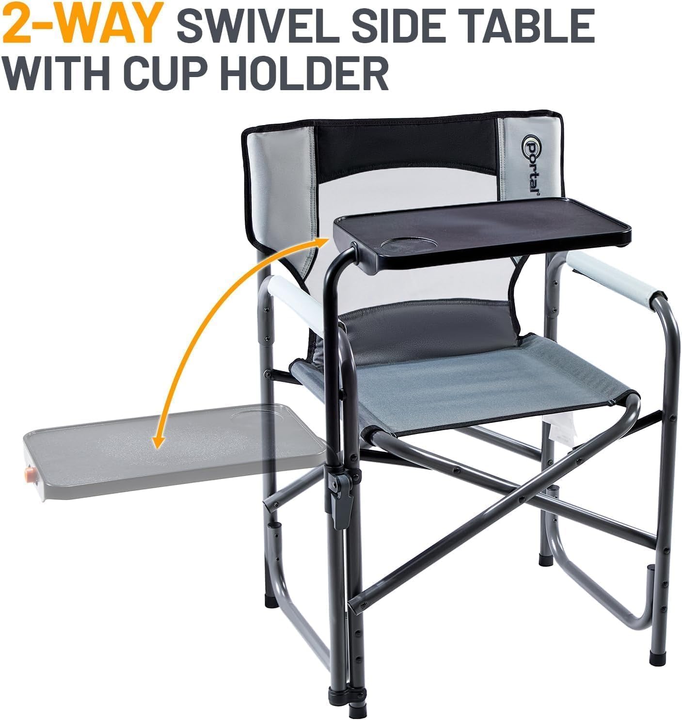 Director Camping Chair with 2-Way Rotating Side Table, 300 lb, Gray | Height-Adjustable Swivel Tray with Cup Holder
