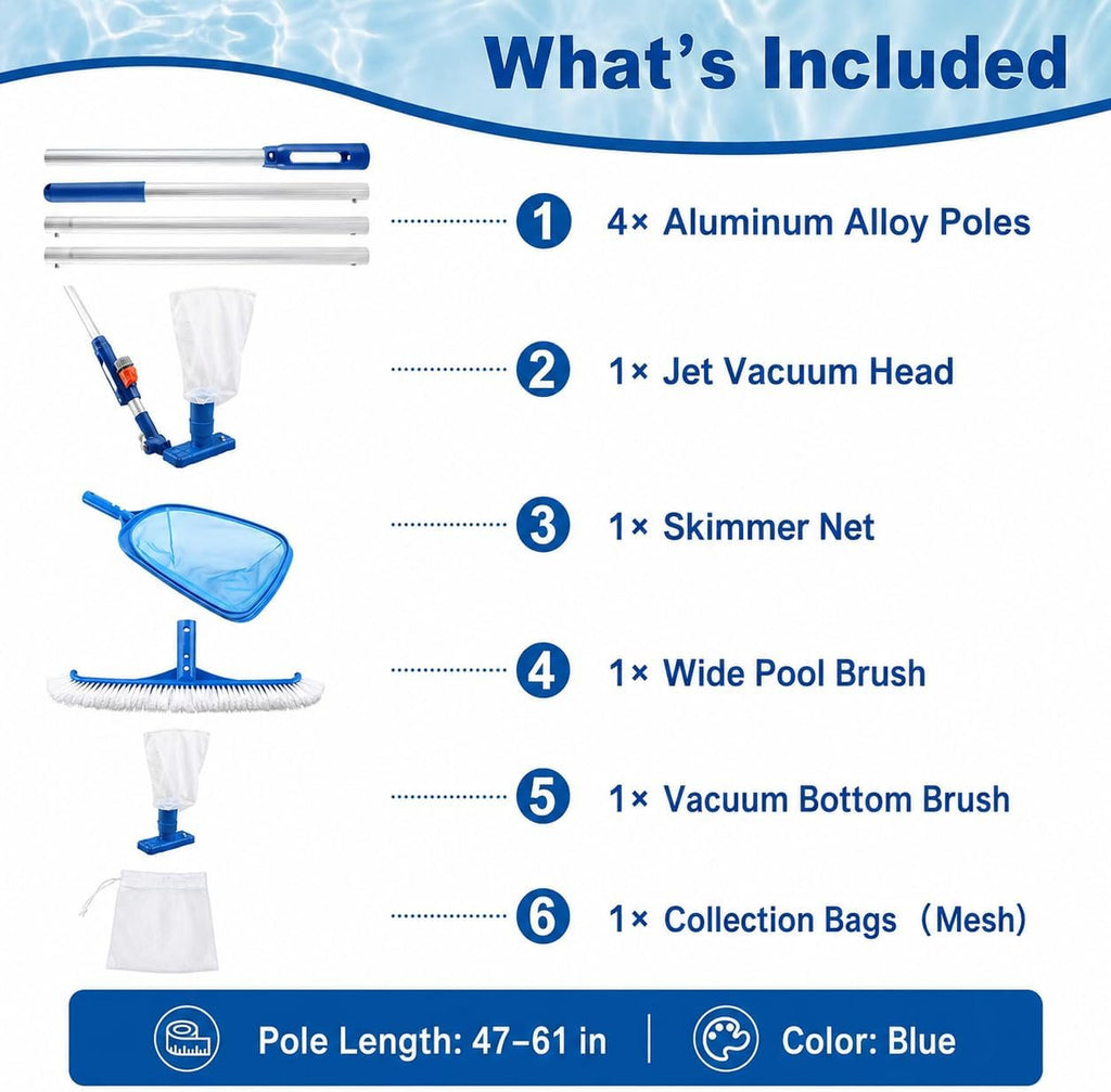 Pool Cleaning Kit for Above Ground Pools, Spa Jet Vacuum Cleaner with Skimmer Net & Pool Brush, 47-61 Inch Adjustable