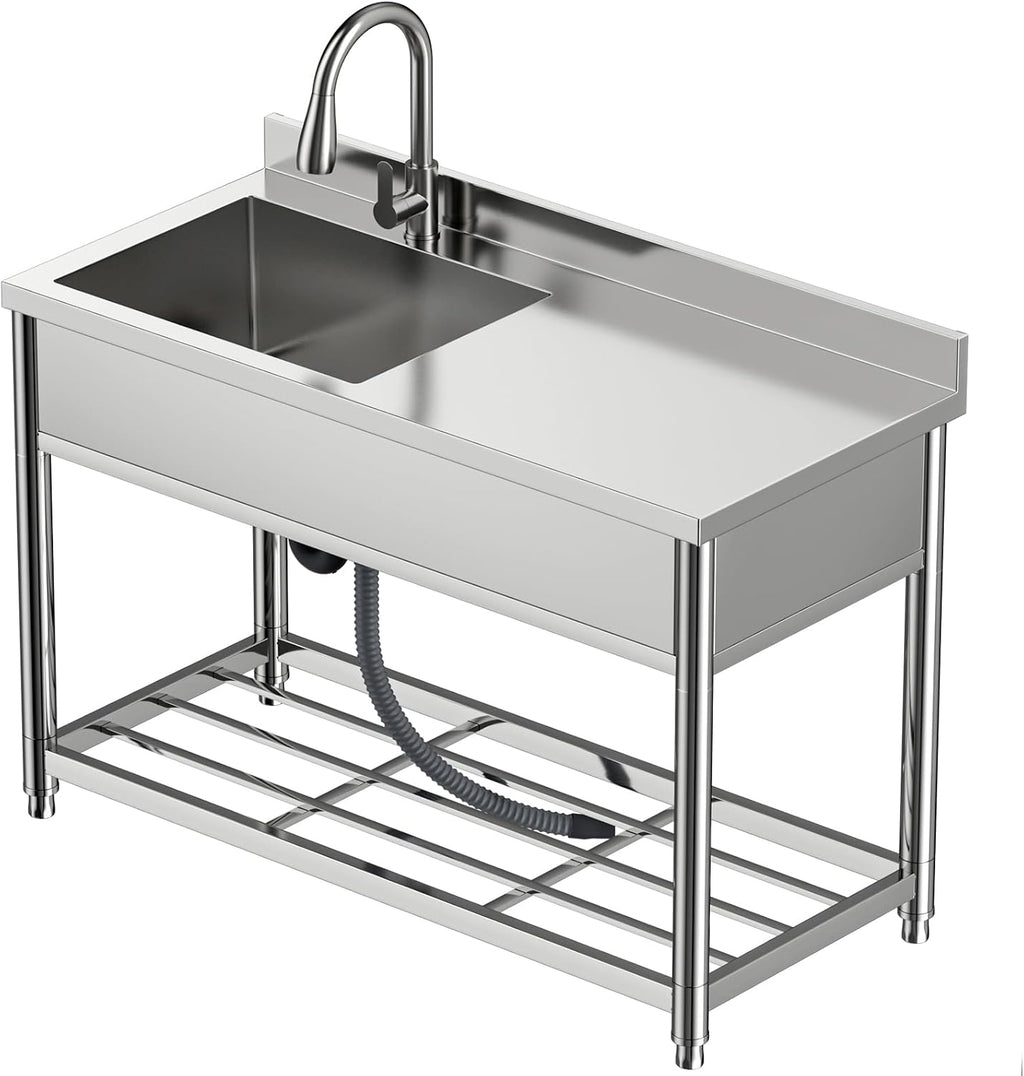 Stainless Steel Commercial Sink with Drainboard, Free Standing Utility Sink