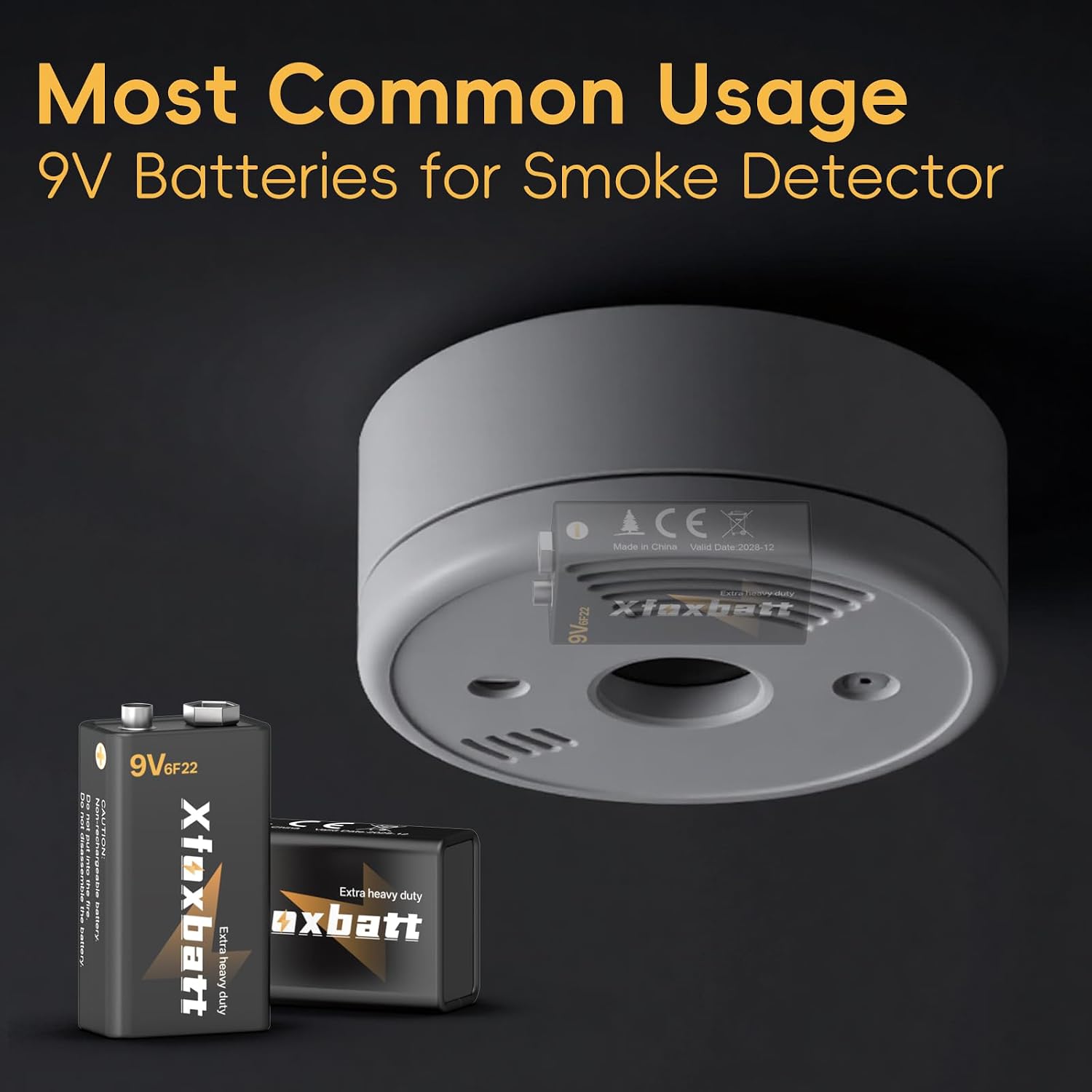 9V Batteries Carbon 6F22 9 Volt Battery for Smoke/CO Detectors Leakproof & Long-Lasting, 4 Count Pack Square Fire