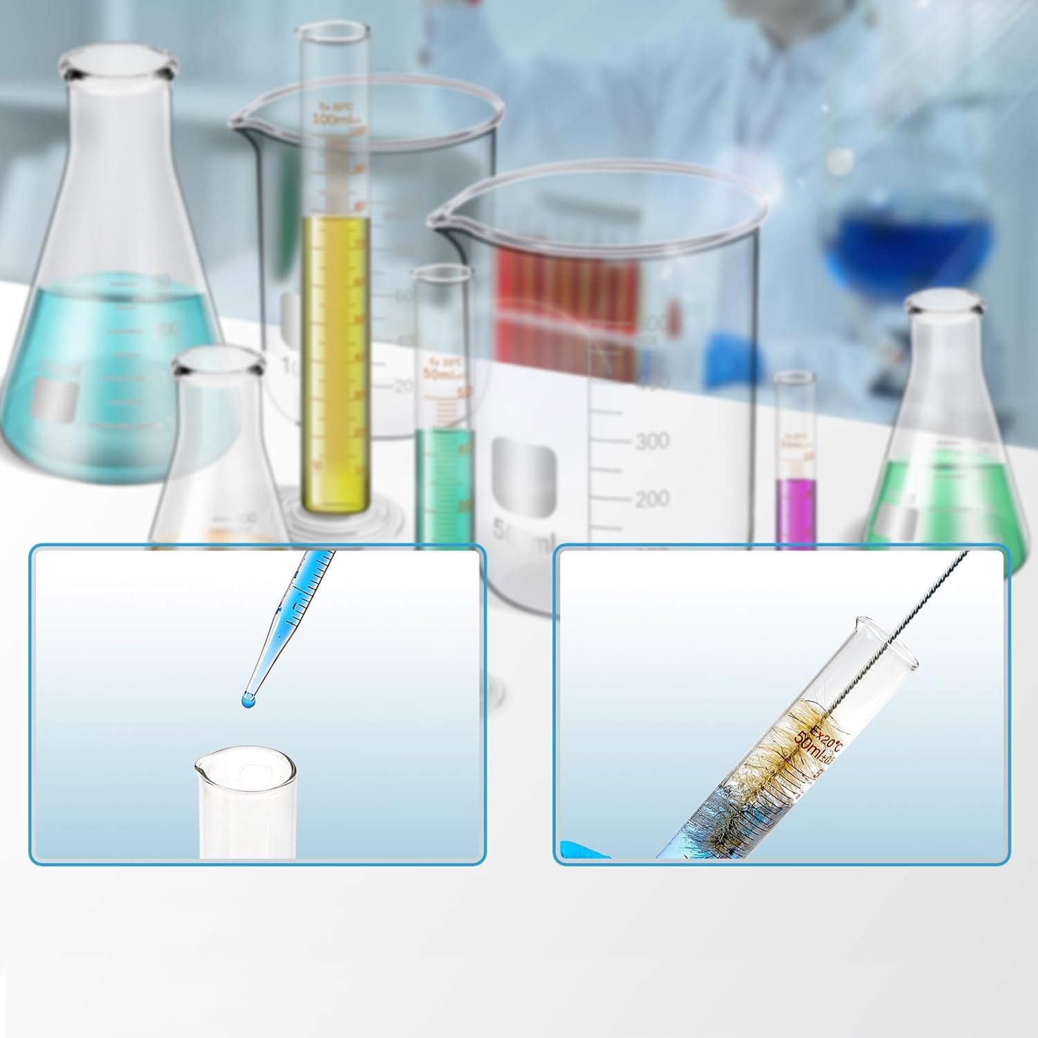 Glass Beakers Cylinder Erlenmeyer Flask Pipettes Glassware Set | 4 Beaker 500/250/100/50ml, 3 Flask 150/100/50ml, 3