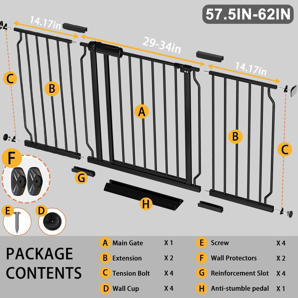 Extra Wide Baby Gate Black 57.5-62 Inch Wide, Walk Through Pressure Mounted No Drill for Doorways, Long and Large