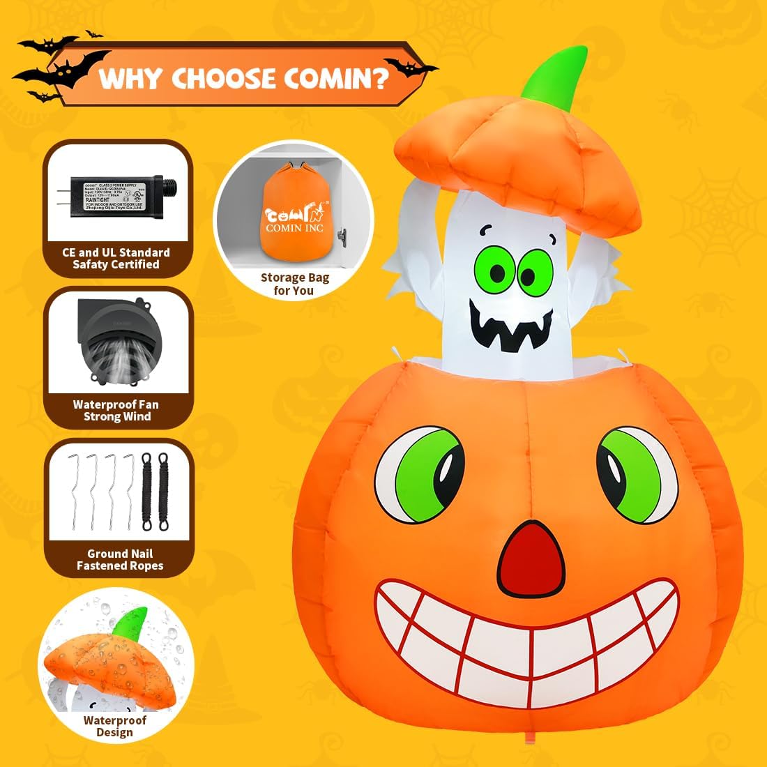 5 FT Halloween Inflatables Animated Pumpkin Ghost Outdoor Decorations Blow Up Yard with Built-in LEDs for Indoor