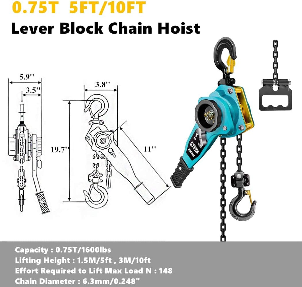 Manual Lever Chain Hoist 3/4 Ton 1650 lbs Lever Hoist 5 ft Ratchet Chain Puller Hoist|2 Heavy Duty Hooks G80