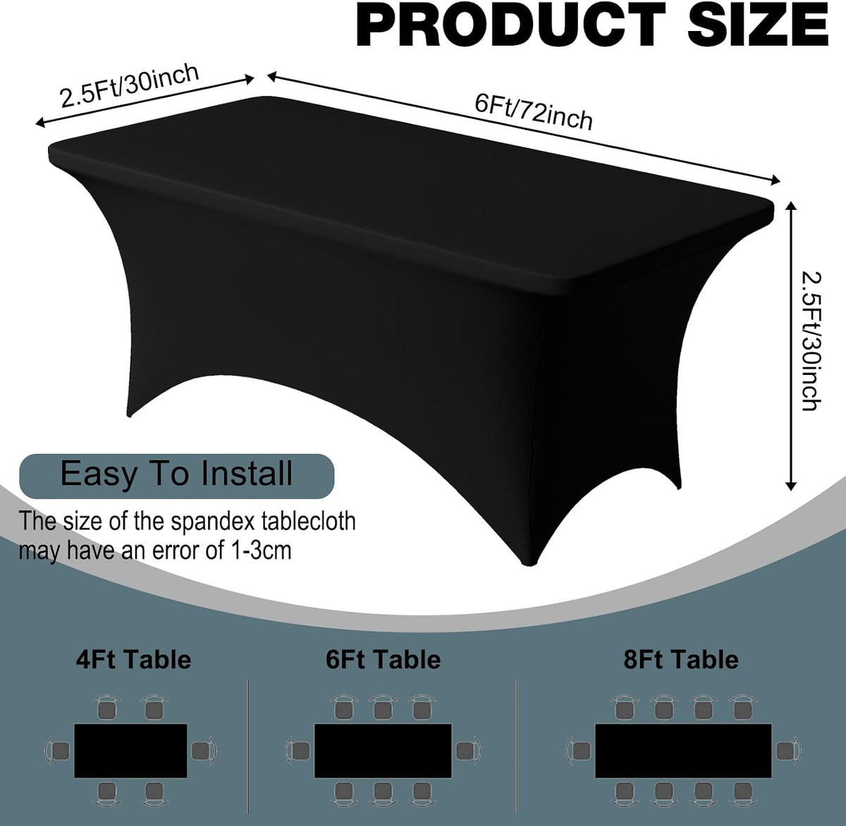 2 Pack 6FT Black Spandex Table Cloth 72 x 30 Inch