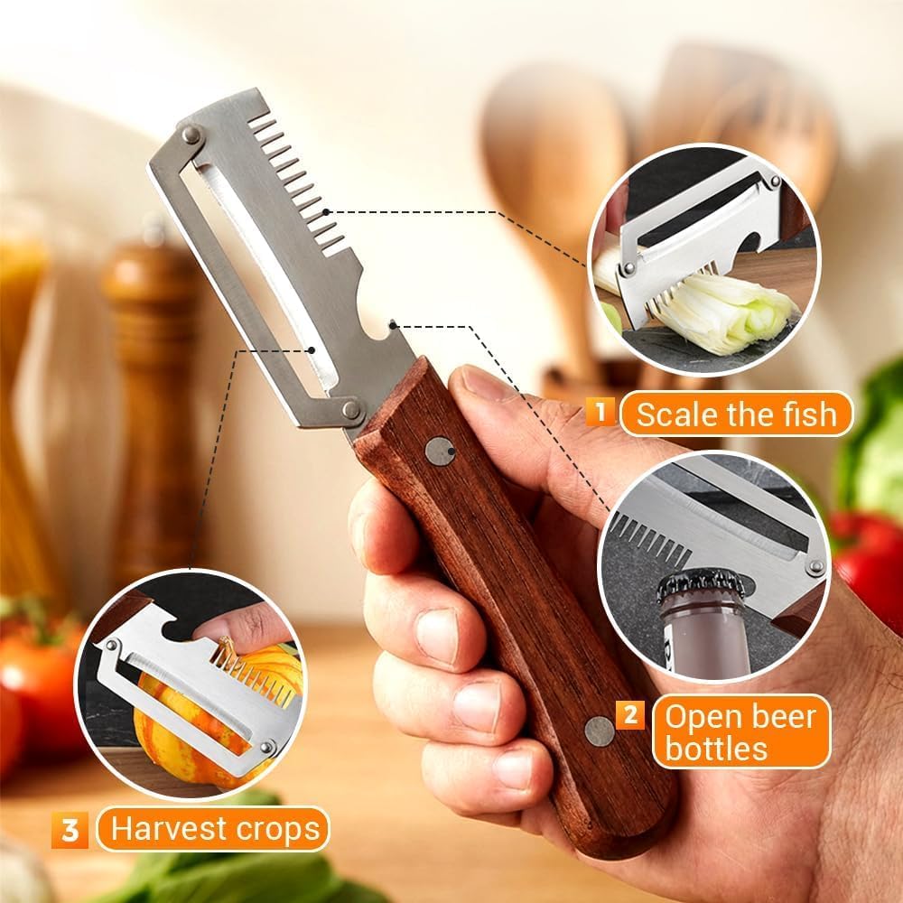 Premium Vegetable Peeler with Wooden Handle and Bottle Opener,Multi-Functional Vegetable Peeler for Kitchen, 2-In-1
