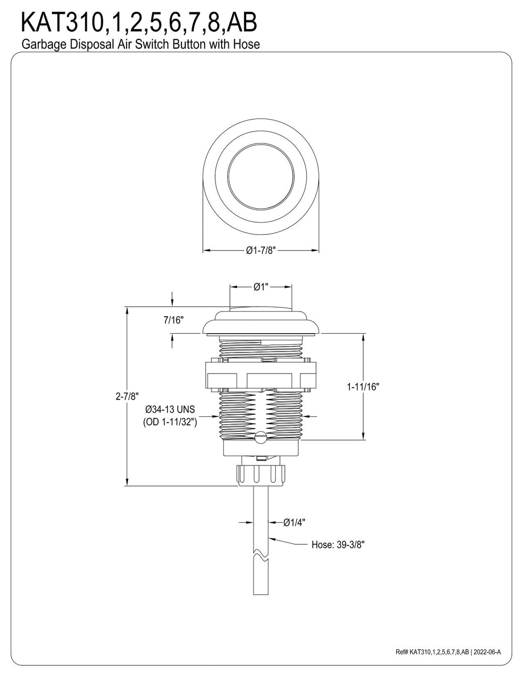 Kingston KAT315 Garbage Disposal Air Switch Button, Oil Rubbed Bronze