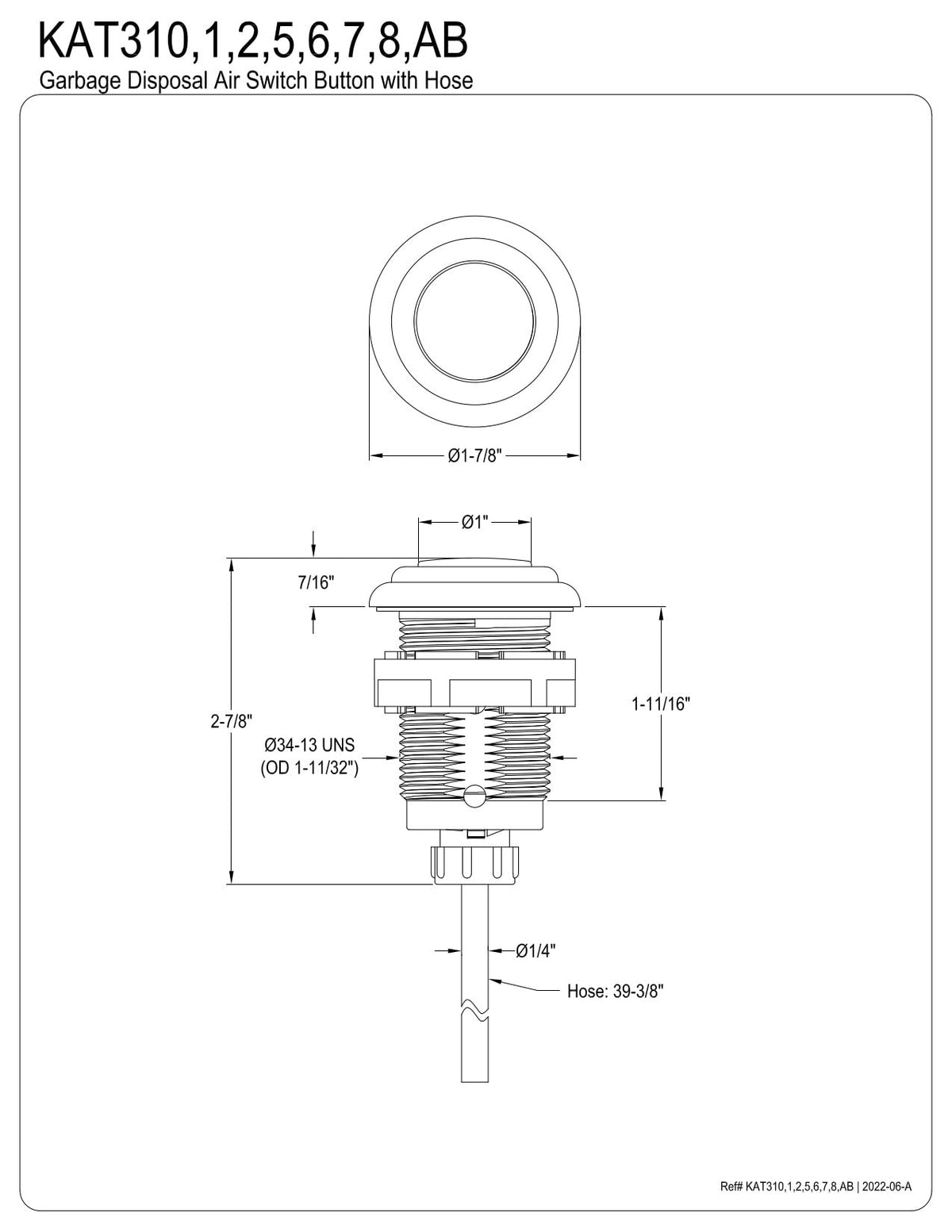 Kingston KAT315 Garbage Disposal Air Switch Button, Oil Rubbed Bronze