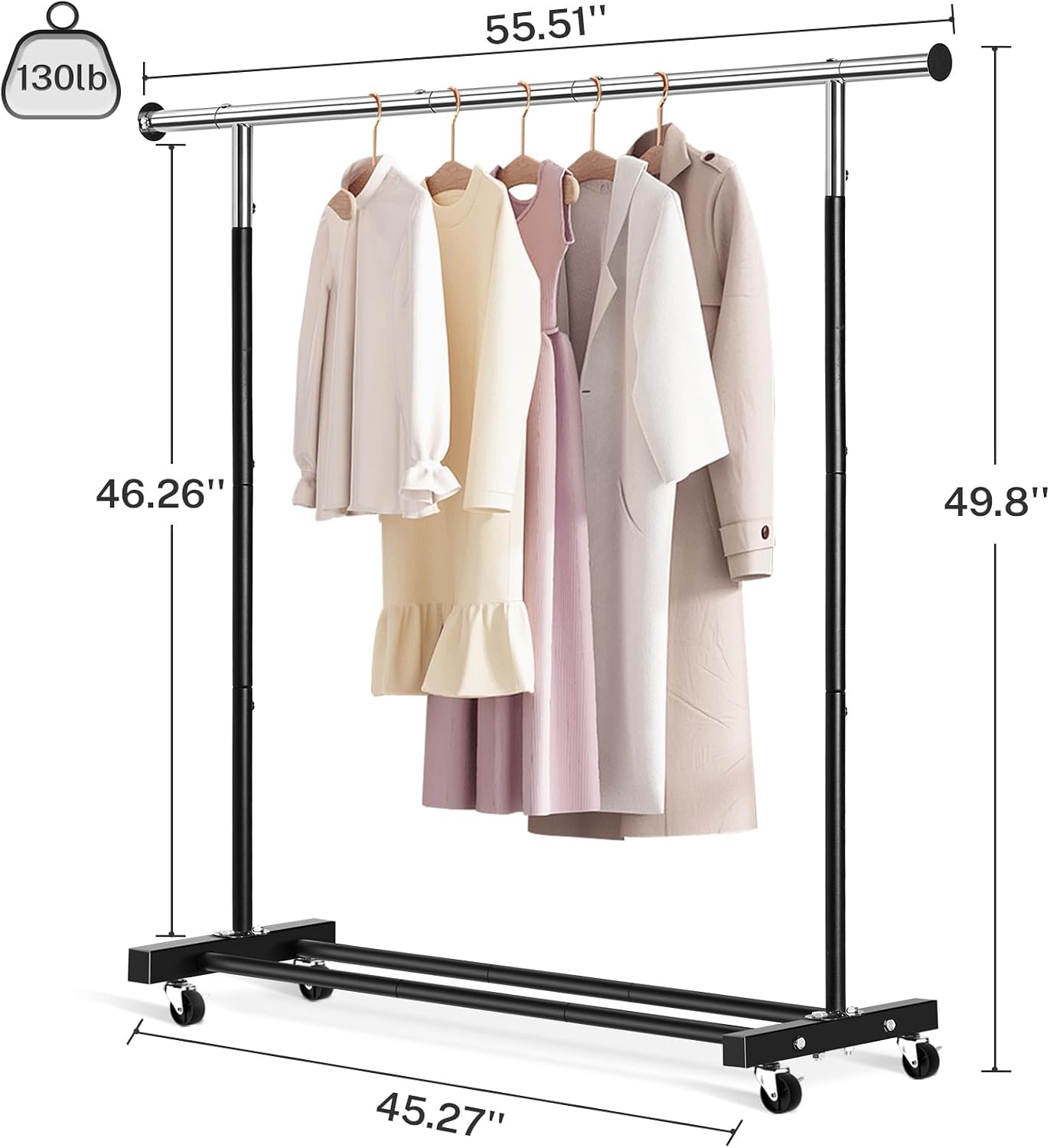 Clothing Rack, 55.51 Inch Heavy Duty Clothes Rack Rolling Garment Rack with Wheels and Bottom Shelf, 130LB Capacity