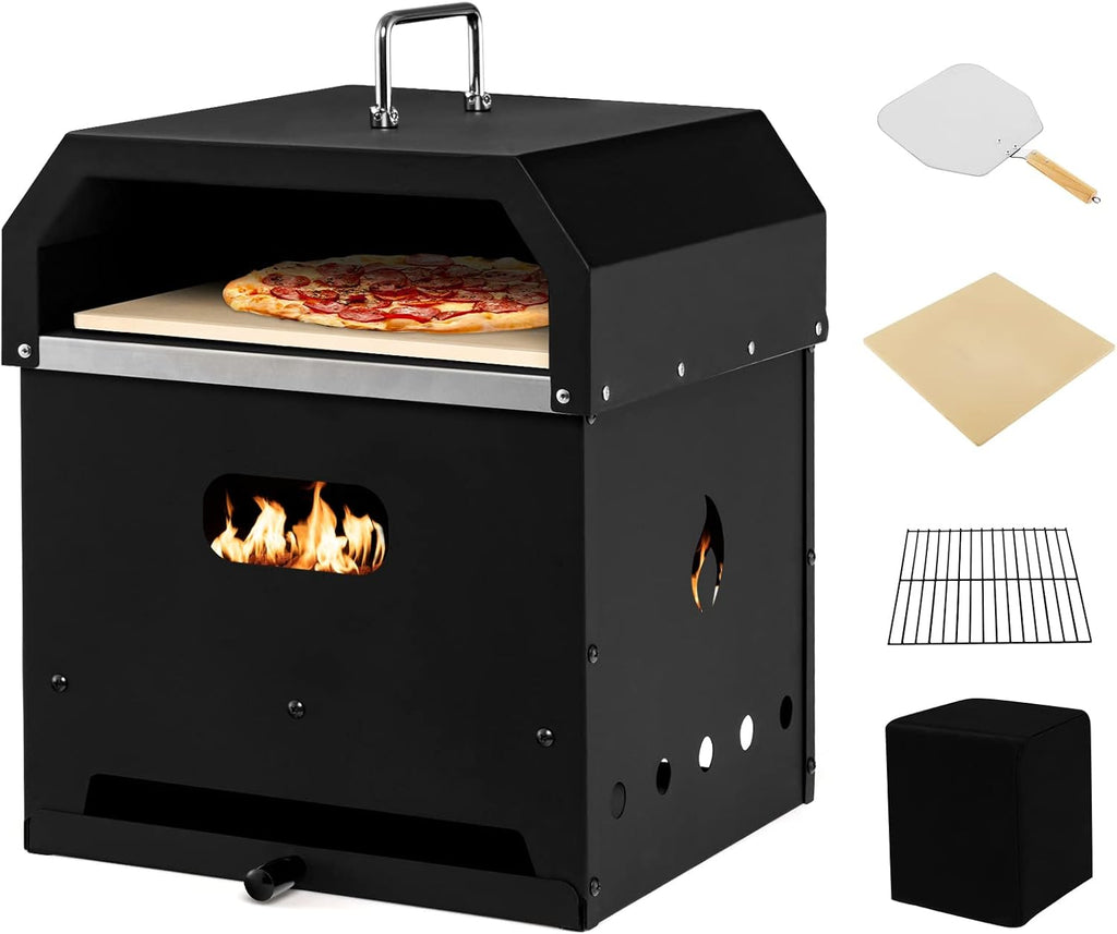 4-in-1 Outdoor Pizza Oven Wood Fired, 2-Layer Pizza Maker Grill with Stone, Peel, Waterproof Cover, Cooking Grids