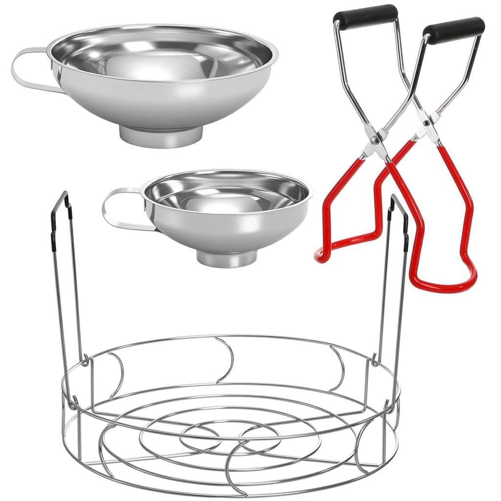 4 Pieces Canning Kit, 1PC Canning Rack+ 1PC Jar Lifter Tong+ 2PC Funnels, Stainless Steel Canning Supplies for Mason