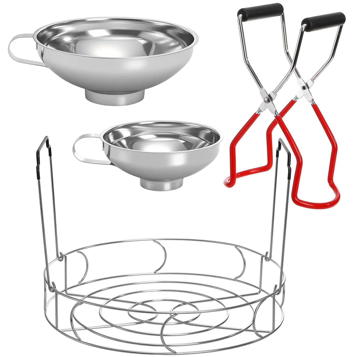 4 Pieces Canning Kit, 1PC Canning Rack+ 1PC Jar Lifter Tong+ 2PC Funnels, Stainless Steel Canning Supplies for Mason