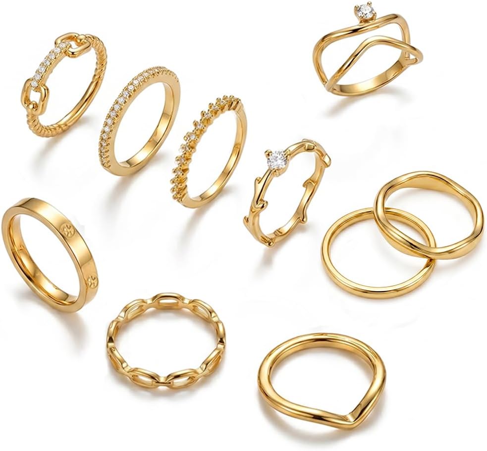 14K Gold Plated Stackable Rings for Women, Non Tarnish Cubic Zirconia Dainty Band Set, Wedding Engagement & Promise