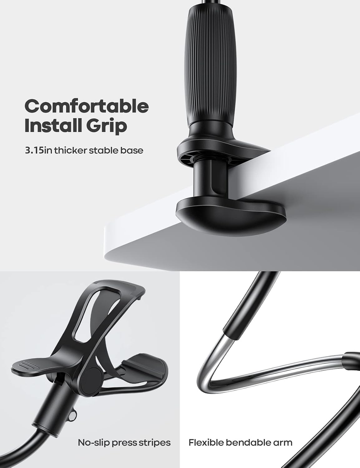 Gooseneck Phone Holder for Bed - [Upgraded Stable Clip] for Desk, Headboard, Bed, Bedside, Table, Flexible Gooseneck